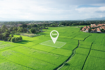 Land plot in aerial view. Real estate or property consist of empty land or green field and gps...