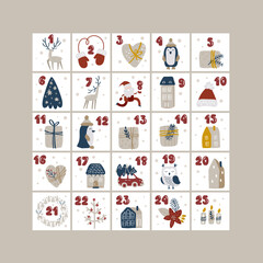 Vector Christmas advent calendar with hand drawn design elements Printables scandinavian set