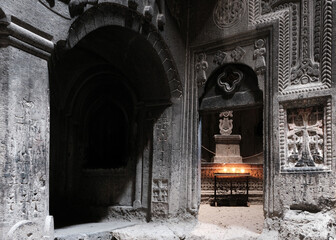 Cave church interior of Geghard monastery, Armenia