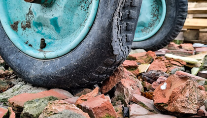 Wheelbarrow at a construction site with a flat tire, in gardening.