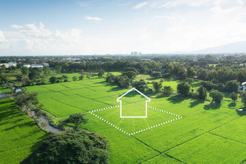 Land or landscape of green field in aerial view. Include agriculture farm, icon of residential, home or house building. Real estate or property for dream concept to build, construction, sale and buy.
