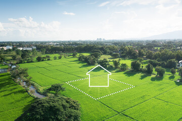 Land or landscape of green field in aerial view. Include agriculture farm, icon of residential,...