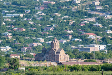 View of Hovhannavank monastery and Ohanavan village on sunny summer morning. Aragatsotn Province ,...