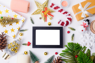 Top view Christmas flat lay  decorations on white background