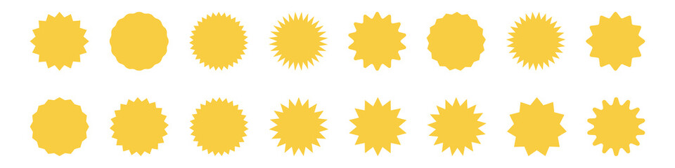 Yellow shopping labels collection. Special offer price tag. Sale or discount sticker. Supermarket promotional badge. Sunburst icons. Stock vector.
