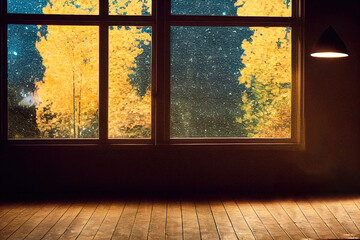 Autumn outside of a window 3d illustrated 
