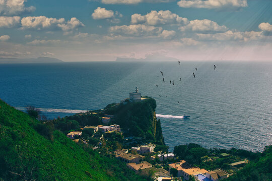 Cape Miseno lighthouse is the headland that marks the northwestern limit of the Gulf of Naples as well as the Bay of Pozzuoli in southern Italy Europe. Fantastic view holidays