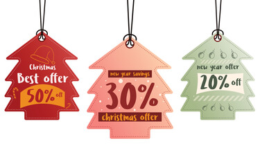 set christmas paper sale price tag. red and golden square label and snow hand drawn elements, hanging with offer discount text for new year shopping holiday promotion Vector illustration.