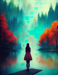 Fototapeta premium Woman waits at beautiful river 3d illustrated 
