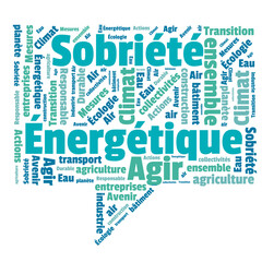 Nuage de mots, tags, bulles : transition écologique, sobriété énergétique, écologie, climat, fond vert, agir ensemble, loi climat.