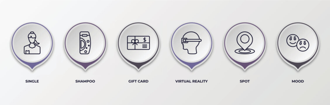 infographic template with outline icons. thin line icons such as single, shampoo, gift card, virtual reality, spot, mood editable vector. can be used for web, mobile, info graph.