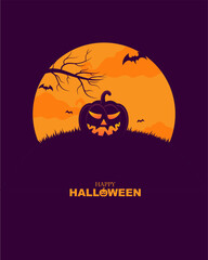 Happy Halloween theme backround with poster halloween group of Jack O Lantern pumpkin, moon halloween elements on orange and purple poster spooky with text and copy space