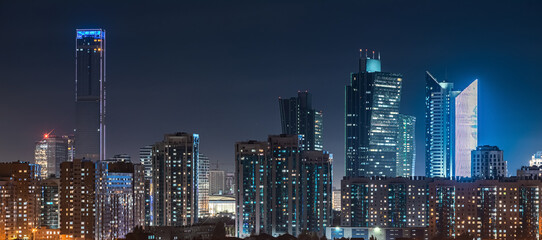 October 15, 2022 Astana, Republic of Kazakhstan: View of the city center at night - obrazy, fototapety, plakaty