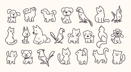 Fototapeta na wymiar Collection of cute line art pet icons – cat, dog and parrot characters isolated on light background. Vector flat illustration. For shelter emblems, veterinary logo, children decor.