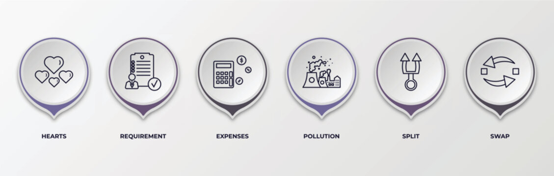 infographic template with outline icons. thin line icons such as hearts, requirement, expenses, pollution, split, swap editable vector. can be used for web, mobile, info graph.