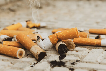 Cigarette. A lot of cigarette butts and matches are lying on the road. Trash