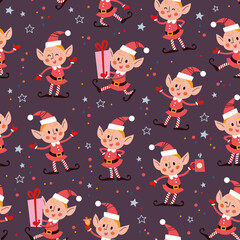 Merry Christmas seamless pattern with different Santa elf . Vector flat Christmas illustration. For banner, card, package.