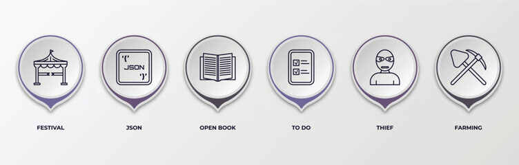 infographic template with outline icons. thin line icons such as festival, json, open book, to do, thief, farming editable vector. can be used for web, mobile, info graph.