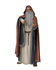3D rendering of an old wizard in long robes and hooded cloak isolated on transparent background.
