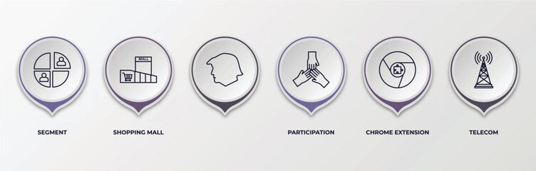 infographic template with outline icons. thin line icons such as segment, shopping mall, , participation, chrome extension, telecom editable vector. can be used for web, mobile, info graph.