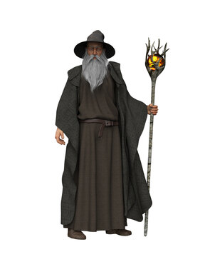 3D illustration of an old bearded wizard wearing grey robes and hat isolated on transparent background.