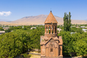 Fototapeta na wymiar View of Surp Astvatzatzin (Holy Mother of God, 1301) Church on the background of Mount Ara on sunny summer day. Yeghvard, Kotayk Province, Armenia.