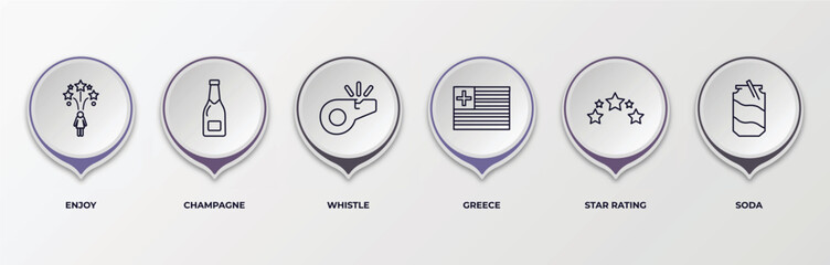 infographic template with outline icons. thin line icons such as enjoy, champagne, whistle, greece, star rating, soda editable vector. can be used for web, mobile, info graph.