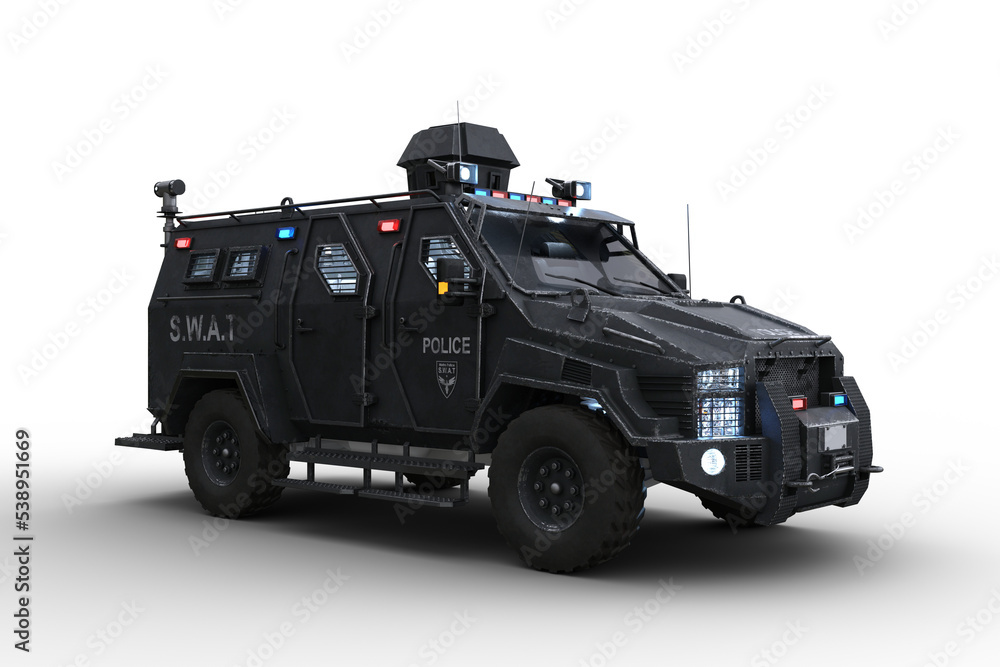 Poster 3D rendering of an armoured police SWAT vehicle with lights on isolated on transparent background.