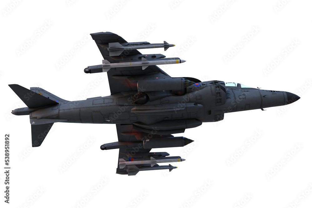 Aufkleber 3d illustration of a grey jet fighter aircraft armed with missiles flying overhead isolated on a tra