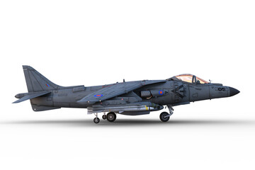 Side view 3D illustration of a grey jet fighter aircraft on the ground and armed with missiles isolated on a transparent background.