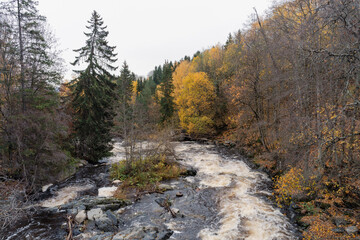 Lenaelva River in fall, seen from the bridge by Kværnum, Toten, Norway.