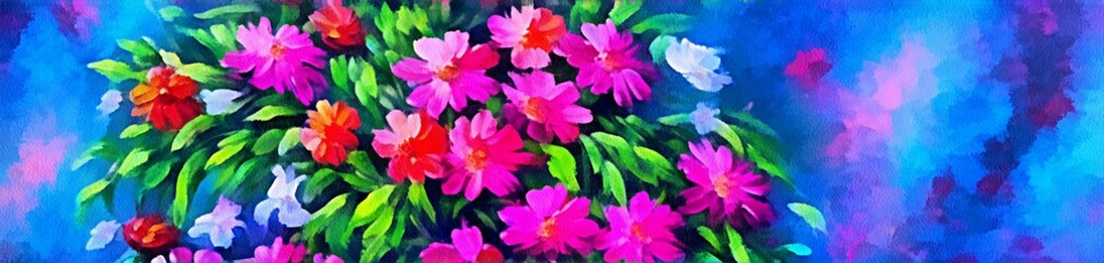 Horizontal banner for website design, digital drawing of beautiful flowers in the painting on paper style