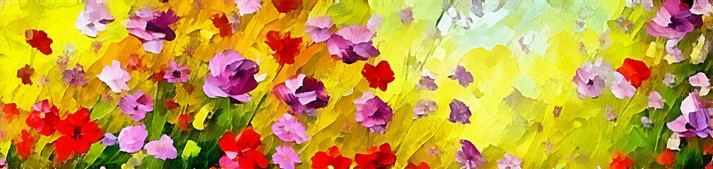 Fototapeta na wymiar Horizontal banner for website design, digital drawing of beautiful flowers in the painting on paper style