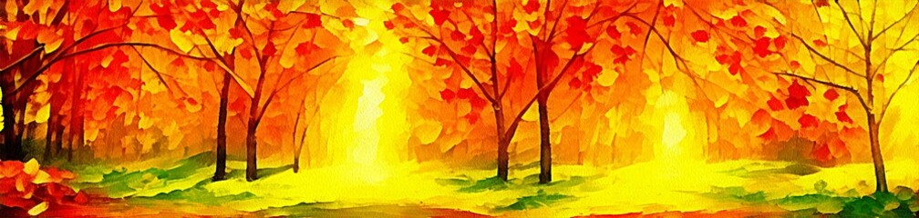 Horizontal banner for website design, digital drawing of beautiful autumn landscape in the painting on paper style