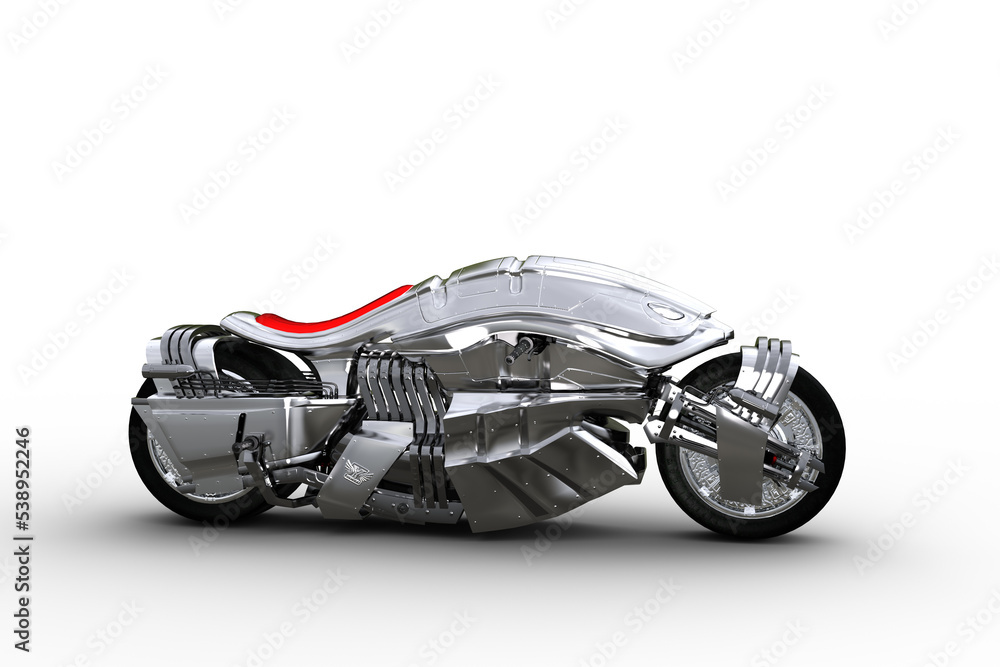 Poster side view 3d illustration of a futuristic cyberpunk style silver motorcycle isolated on a transparen