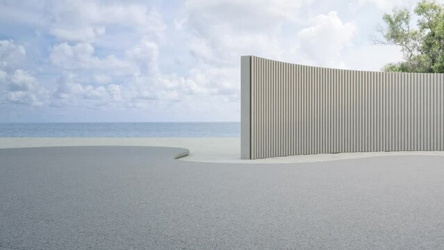 Empty gray concrete floor in sea view city park. 3d rendering of outdoor stage with beach and blue sky background.