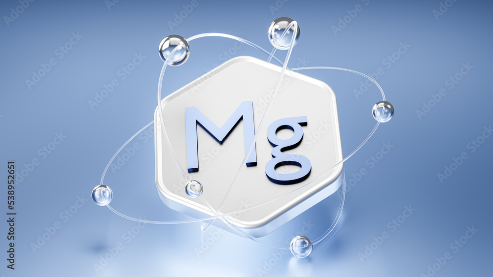 Poster mg symbol on a hexagon with an orbit, atoms and electrons, magnesium mineral 3d image