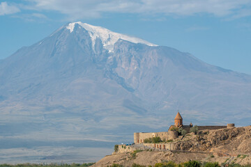 Fototapeta na wymiar Khor Virap monastery against Ararat Mount on sunny summer day. Ararat Province, Armenia.