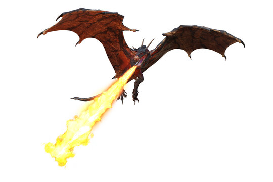 3D rendering of a fire breating green dragon or wyvern aiming a stream of flames at a target below isolated on transparent background.