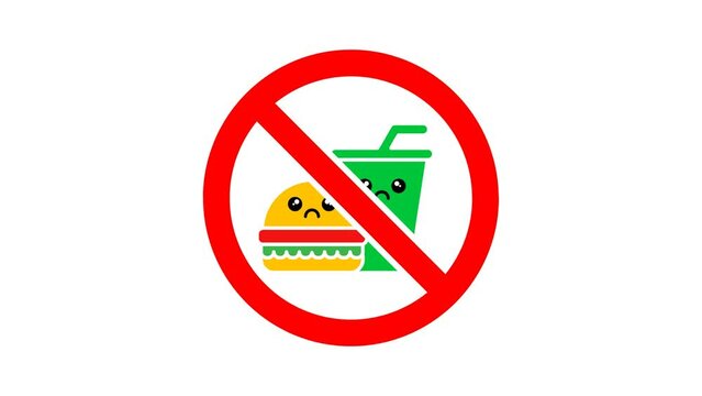 No food and drink allowed cartoon kawaii icon sign animation. Isolated on white background. Prohibition symbol.