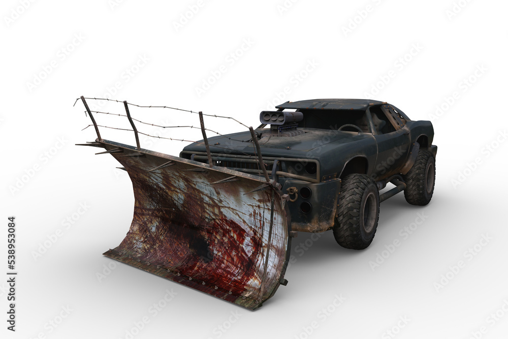 Poster 3D rendering of a post apocalyptic car with zombie plow isolated on a transparent background.