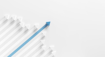 Minimal blue arrow up to growth success on white background, 3d render, progress way and forward achievement creative concept. copy space.