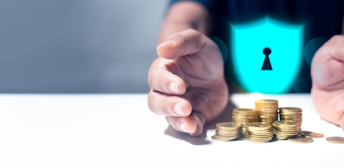 Protection money concept, Hand protecting real estate with shield protect icon. Business security...