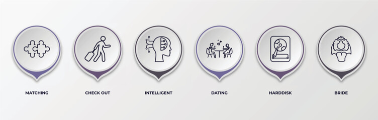 infographic template with outline icons. thin line icons such as matching, check out, intelligent, dating, harddisk, bride editable vector. can be used for web, mobile, info graph.