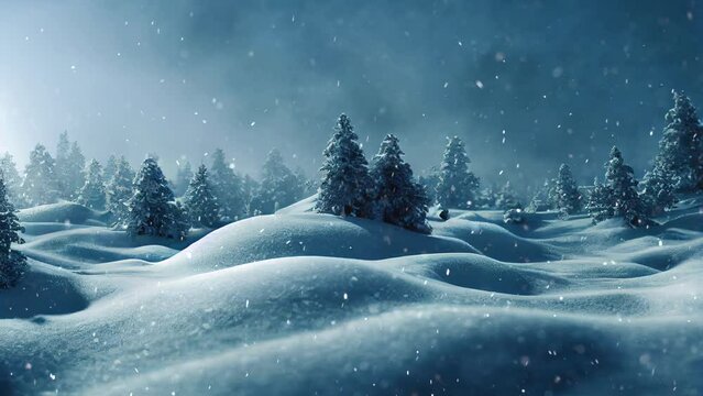 A computer generated 3D illustration composite of a winter forest background with snow falling seamless loop. A.I. generated art.
