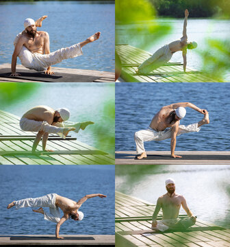 Photo collage with images of young athletic man practicing yoga on river berth at sunrise, outdoors. Concept of mental health, harmony with nature