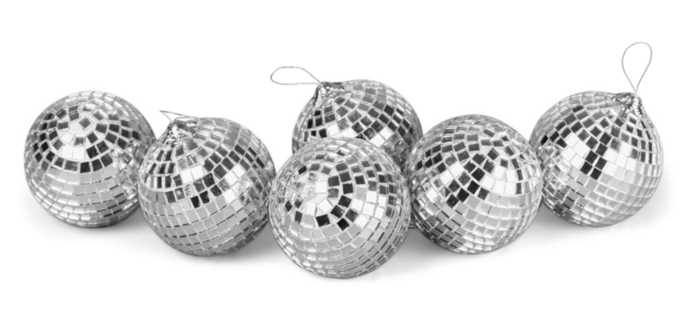 Silver disco mirror balls isolated on white background