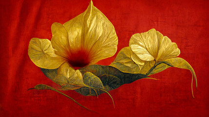 Golden flower on red background. Thai paint. thai art. antique thailand background. thai pattern. 3D Rendering
