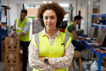 Portrait Of Female Worker Using Headset In Distribution Warehouse