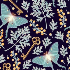 Moon moth and flowers vector seamles pattern